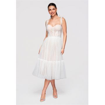 Rochie midi evazata cu corset si bretele reglabile - din tul cu aplicatii - Alb
