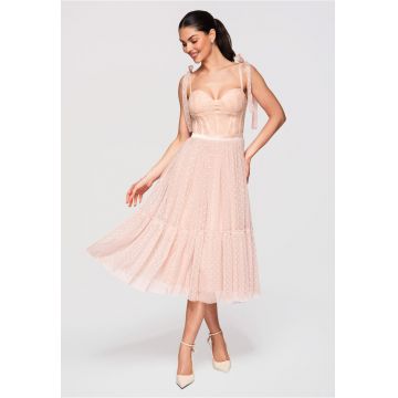 Rochie midi evazata cu corset si bretele reglabile - din tul cu aplicatii - Nude