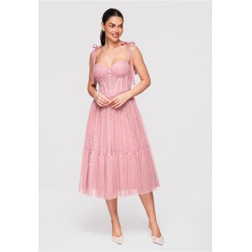 Rochie midi evazata cu corset si bretele reglabile - din tul cu aplicatii - Roz
