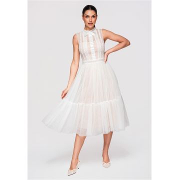 Rochie Midi Evazata cu Dantela si Guler Inalt - Rochie Eleganta de Ocazie - Alb