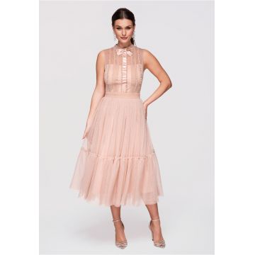 Rochie Midi Evazata cu Dantela si Guler Inalt - Rochie Eleganta de Ocazie - Nude