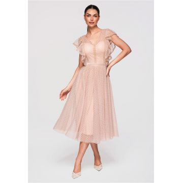 Rochie midi evazata - cu detalii din dantela si maneci scurte cu volane - ideala pentru evenimente speciale - Nude