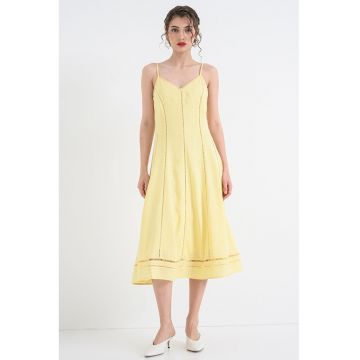 Rochie midi evazata cu detaliu cu logo brodat - Galben pai