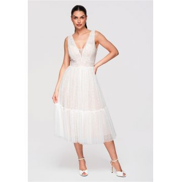 Rochie Midi Evazata Dantela si Tul Rochie Eleganta de Cocktail - Alb