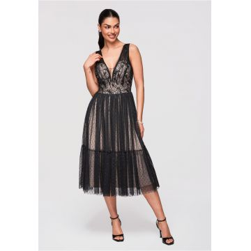 Rochie Midi Evazata Dantela si Tul Rochie Eleganta de Cocktail - Negru