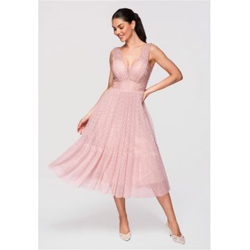 Rochie Midi Evazata Dantela si Tul Rochie Eleganta de Cocktail - Nude
