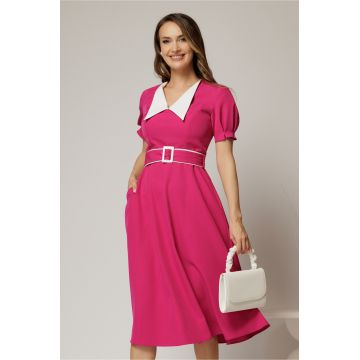 Rochie midi fucsia cu guler alb in contrast si cordon cu insertii