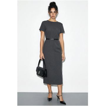 Rochie midi  gri carbune - cu cordon - guler rotund - poliester-viscoza