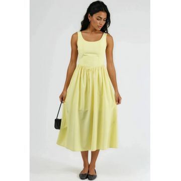 Rochie midi  guler patrat - galben lamaie - poliester-bumbac