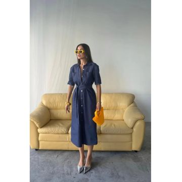 Rochie Midi -  Guler Tip Camasa - Albastru - Bumbac/Poliester/Elastan -