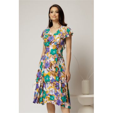 Rochie midi ivoar in clini cu imprimeuri florale mov din viscoza