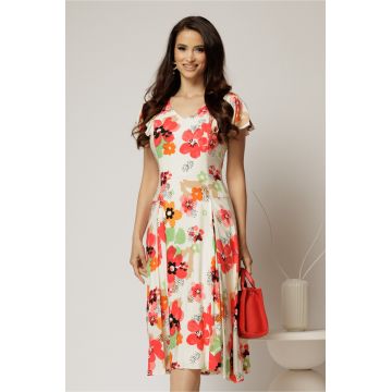 Rochie midi ivoar in clini cu imprimeuri florale rosii din viscoza