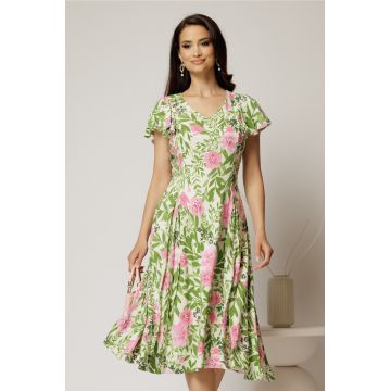 Rochie midi ivoar in clini cu imprimeuri florale verzi si roz din viscoza