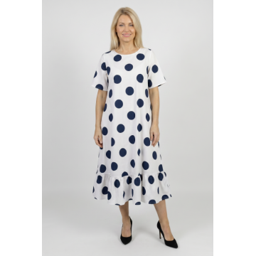 Rochie midi lejera cu volan si imprimeu buline alb-bleumarin