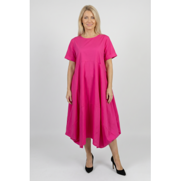 Rochie midi lejera oversize din bumbac, cu croi amplu si colturi, fucsia