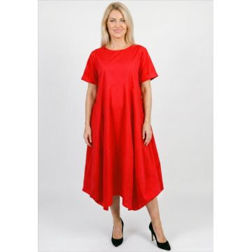 Rochie midi lejera oversize din bumbac, cu croi amplu si colturi, rosie