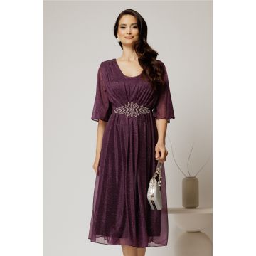 Rochie midi mov de ocazie din voal cu sclipici si accesoriu talie