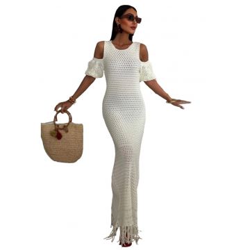 Rochie Midi  Off Shoulder cu Detalii Ciucuri - Alb - Bumbac-Poliester-Elastan -