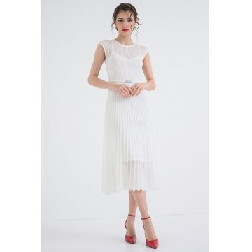 Rochie midi tricotata cu model plisat - Alb