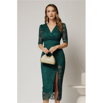Rochie midi verde de ocazie din dantela conica si decolteu petrecut
