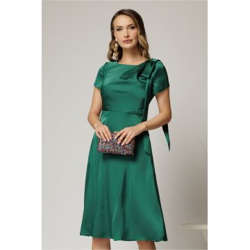 Rochie midi verde din satin cu funda pe umar si fusta clos