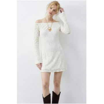 Rochie mini dama -  dantela - umeri goi - poliester/elastan - alb