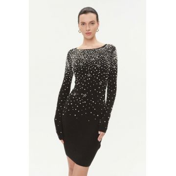 Rochie mini din tricou cu aplicatii cu strasuri - Negru