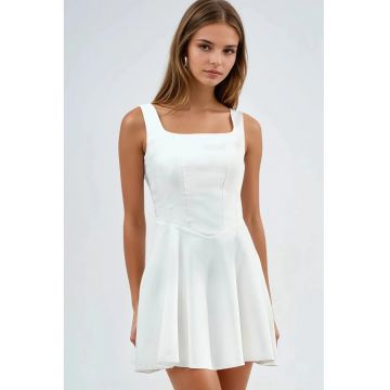 Rochie mini -  guler patrat - alb - poliester-bumbac-elastan