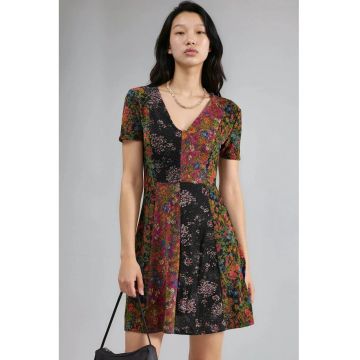 Rochie mini -  linie A - decolteu in V - floral - multicolor - jerseu