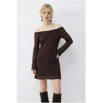 Rochie Mini  Umeri Descoperiti - Maro - Poliester-Elastan