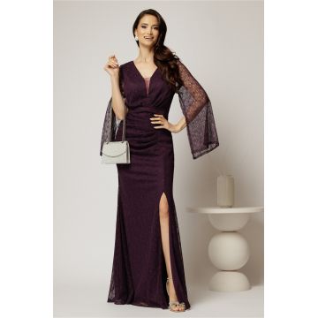 Rochie mov lunga de seara din dantela cu insertii de sclipici