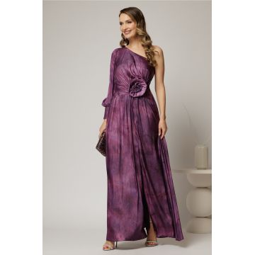 Rochie Noa lunga de ocazie mov din satin cu floare maxi pe talie