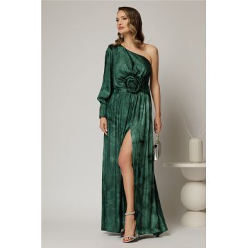 Rochie Noa lunga de ocazie verde din satin cu floare maxi pe talie
