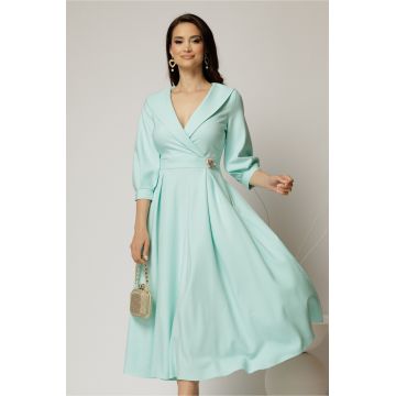 Rochie office de ocazie din stofa turcoaz cu bust petrecut si rever