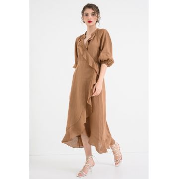 Rochie petrecuta de in cu maneci medii - Maro camel