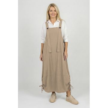 Rochie sarafan lunga cu bretele si snur reglabil, din jerseu de bumbac, bej