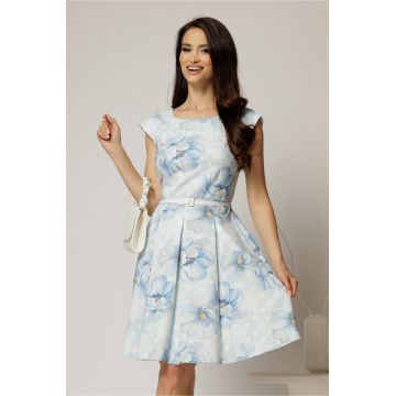 Rochie scurta bleu in clos cu imprimeu floral si curea in talie