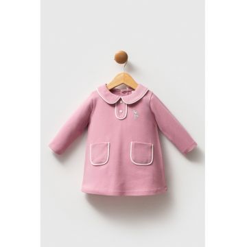 Rochie scurta de bumbac cu maneci lungi - Roz deschis