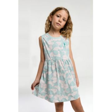 Rochie scurta evazata cu model floral - Alb fildes/Turcoaz