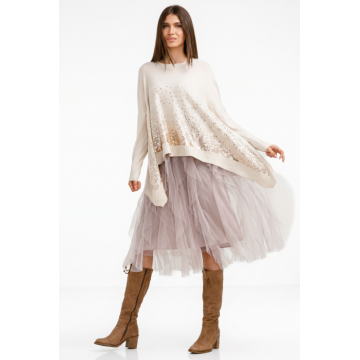 Rochie suprapusa din tulle cu volane suprapuse, cu pulover in colturi oversize cu ploaie de paiete, bej