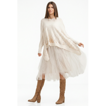 Rochie suprapusa din tulle plisat, cu pulover in colturi oversize cu ploaie de paiete, bej