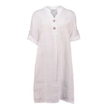 Rochie-tunica din in cu fenta cu nasturi - Alb