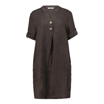 Rochie-tunica din in cu fenta cu nasturi - Maro