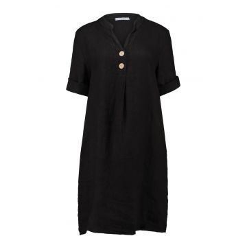 Rochie-tunica din in cu fenta cu nasturi - Negru