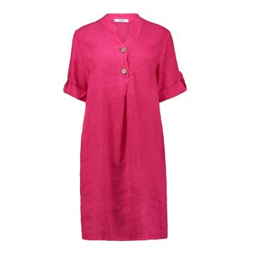 Rochie-tunica din in cu fenta cu nasturi - Roz