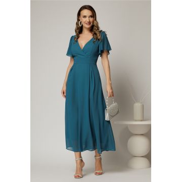 Rochie turcoaz lunga de ocazie din voal cu decolteul petrecut