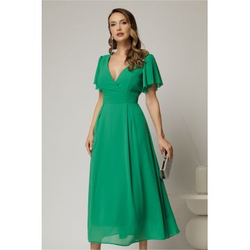 Rochie verde lunga de ocazie din voal cu decolteul petrecut