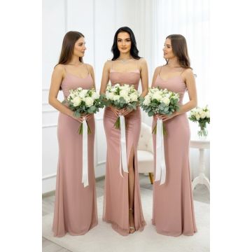 Set 3 bucati Rochie lunga satinata MaryVelle, cu corset, Roz pudrat, Marime S/M