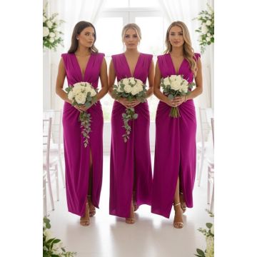 Set 4 bucati Rochie lunga satinata Ilaria, cu croiala conica, Fucsia, Marime S/M