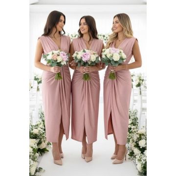 Set 4x Rochie lunga de seara JHOSY, cu paiete, Roz Pudrat, Marime S/M